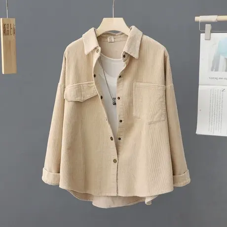 春秋2023新款韩版宽松复古长袖休闲衬衫女上衣灯芯绒百搭衬衣外套图片