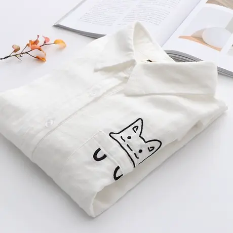 2021春装新款日系文艺清新双层棉纱白衬衫女宽松绣花舒适打底衬衣图片