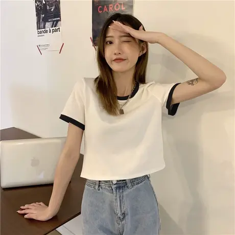 撞色短袖T恤女ins潮2023夏季新款纯欲短款圆领修身显瘦上衣打底衫图片