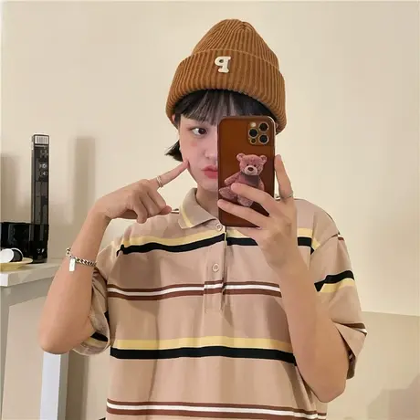 红续2023早春新款韩版纯棉polo衫短袖T恤女ins上衣条纹小众设计感图片