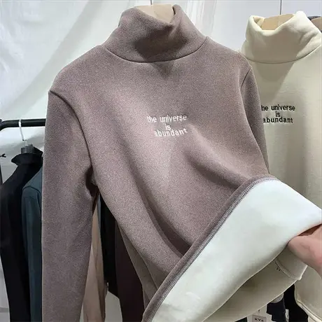 德绒磨毛打底衫女2022秋冬欧货新款加绒加厚高领长袖澳绒保暖上衣图片