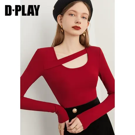 DPLAY秋装新轻触云朵复古红不对称斜肩带修身舒适感打底衫上衣商品大图