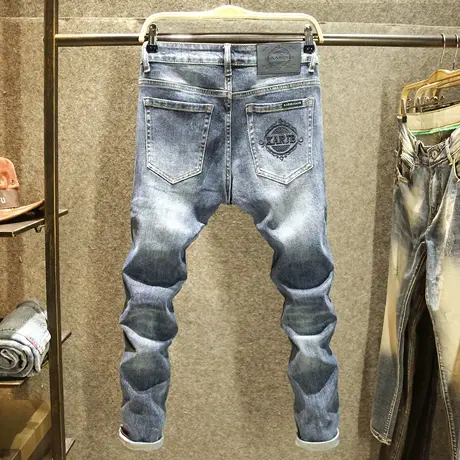 秋季牛仔裤男款修身小脚弹力裤子潮牌后袋高端刺绣欧洲站时尚裤子商品大图