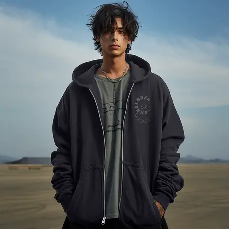 2023新款黑色加肥加大码男装连帽胖子外套拉链卫衣宽松休闲春秋季图片