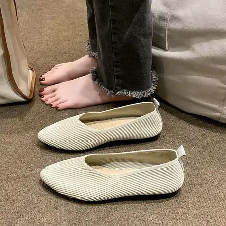 2023秋季新款韩版弹力透气针织单鞋女平底仙女风百搭复古奶奶鞋潮商品大图