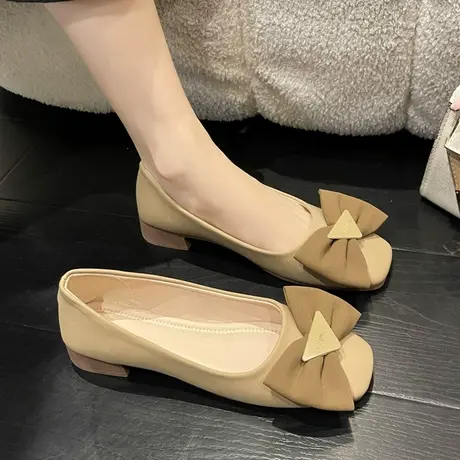 永希女鞋2023春季新款方头浅口粗跟鞋子温柔蝴蝶结一脚蹬职业单鞋商品大图