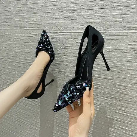 高跟鞋女2023年新款秋季细跟气质高级感女士后空尖头单鞋配裙子商品大图