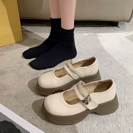 圆头浅口小皮鞋女2023秋季新款学院风英伦复古软妹厚底松糕乐福鞋图片
