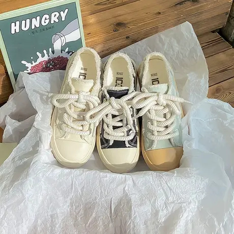 2023夏季新款百搭轻便休闲鞋子低帮厚底毛边女鞋帆布鞋女学生板鞋商品大图