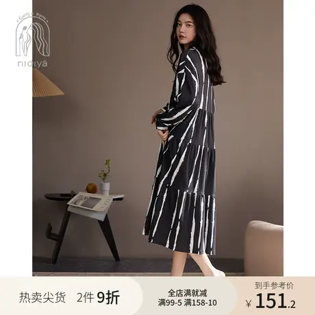 妮狄娅新款睡衣睡裙女秋季纯棉长袖翻领宽松条纹春秋可外穿家居服商品大图