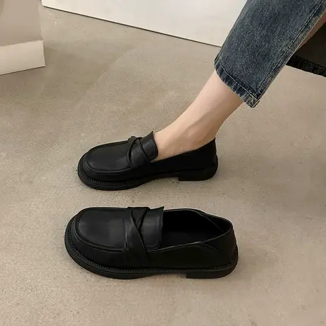 乐福鞋女2024新款春秋软皮软底防滑一脚蹬平底单鞋英伦风小皮鞋子商品大图