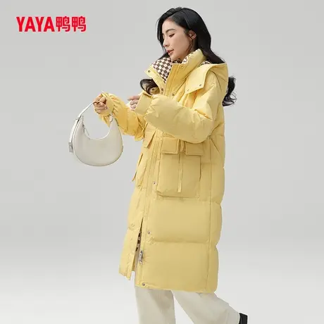 鸭鸭佟丽娅明星同款羽绒服女中长款连帽纯色韩版时尚加厚外套W图片