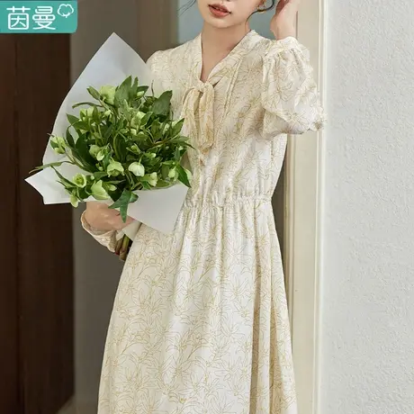 茵曼蝴蝶结长袖连衣裙女碎花裙秋季2023新款女装法式显瘦遮肉裙子图片