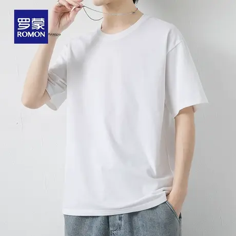 罗蒙男士短袖T恤夏季薄款重磅纯棉圆领白色休闲男装上衣服冰丝体t图片