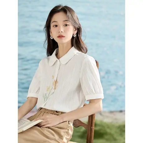 【商场同款】茵曼重工艺花卉短袖衬衣2023夏季女装新款小翻领上衣图片