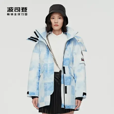 波司登鹅绒羽绒服女运动工装风脱帽撞色牛仔印花时尚防风保暖商品大图