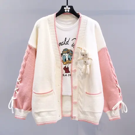 日系卡通拼色毛衣外套女秋冬2023新款宽松学院风设计感针织开衫图片