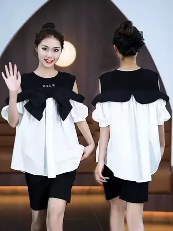 法式圆领新款2023年夏季流行女装百搭显瘦宽松小众设计感短袖上衣商品大图