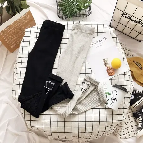 2020早秋新款韩国东大门刺绣字母打底裤螺纹显瘦高腰打底裤九分裤图片