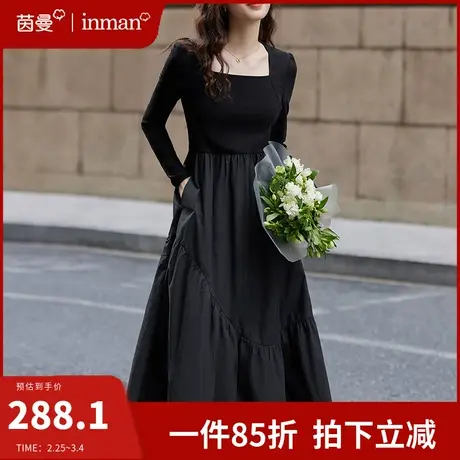 茵曼法式气质方领连衣裙女2024年春季新款显瘦中长裙打底裙小黑裙图片