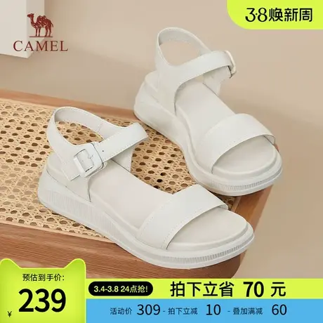 骆驼女鞋2024年春夏新款休闲中跟网红复古一字带厚底松糕粗跟凉鞋图片
