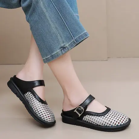 包头半拖鞋女2025夏季外穿透气编织大码凉拖真皮一脚蹬平底妈妈鞋商品大图