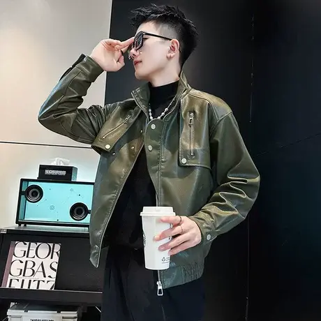 重磅美式机车皮夹克男秋季个性新款痞帅街头潮男短款骑行皮衣外套图片