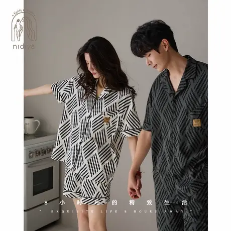 妮狄娅情侣睡衣女夏季柔软棉开衫款短袖男休闲时尚长裤家居服套装商品大图