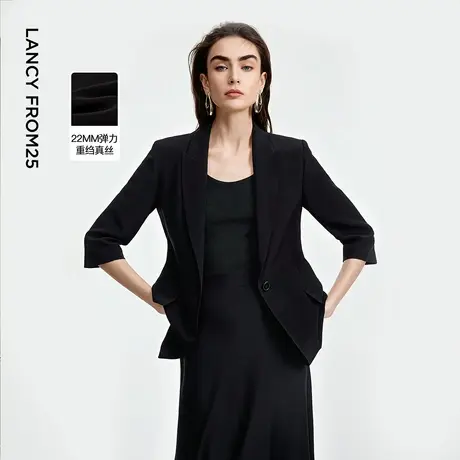 朗姿桑蚕丝七分袖戗驳领黑色西装通勤高级感西服2025年秋季新款女图片