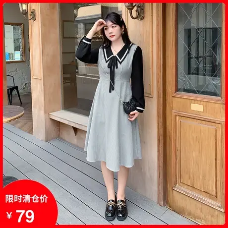 2023早秋新款翻领绑带蝴蝶结法式中长款显瘦大码胖MM连衣裙格子商品大图