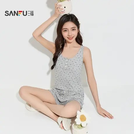 三福女夏季甜美碎花背心短裤睡衣套装 宽松外穿家居服女502842商品大图