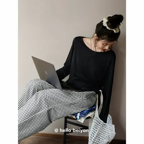 贝妍春秋睡衣女士性感莫代尔棉长袖套装简约格子长裤可外穿家居服商品大图