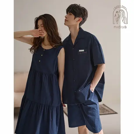 妮狄娅情侣睡衣女夏季薄款纯棉背心裙男休闲开衫学院风家居服套装商品大图