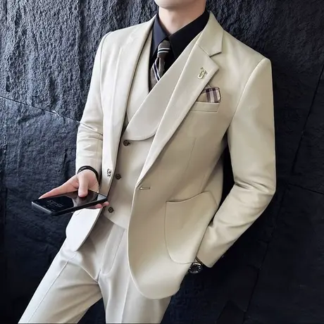 秋冬加厚毛呢外套男修身痞帅保暖西装商务通勤西服男英伦风三件套图片