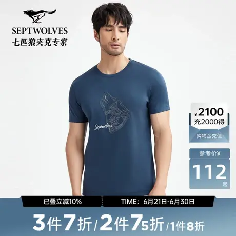 七匹狼男装短袖T恤圆领纯棉夏季弹力舒适绣花时尚百搭潮流男上衣商品大图