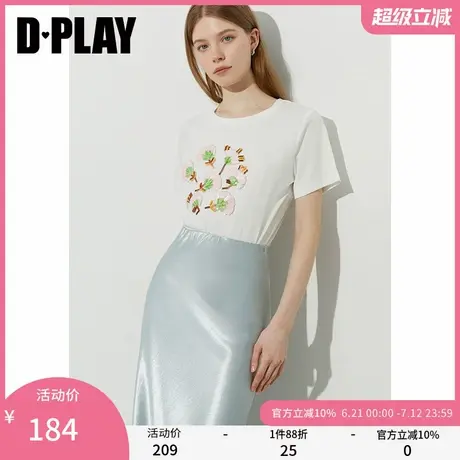 DPLAY2025年夏季新款白色t恤女上衣时尚圆领休闲流行短袖打底衫图片