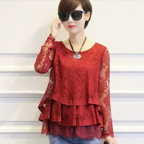 春秋加肥加大码女装宽松显瘦蕾丝衫女上衣中年妈妈遮肚假两件套商品大图