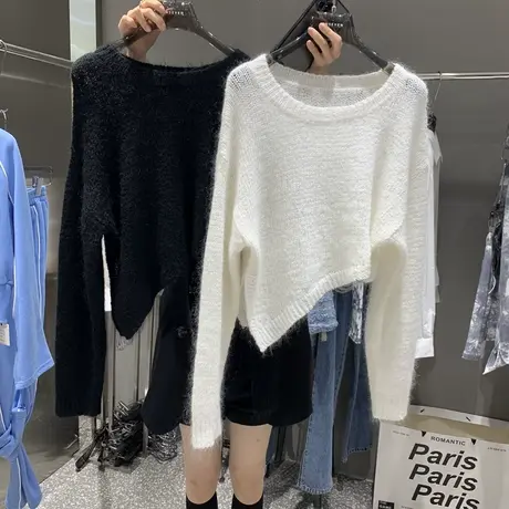 韩国东大门2023年秋季新款减龄慵懒风宽松不规则圆领针织毛衣女潮图片