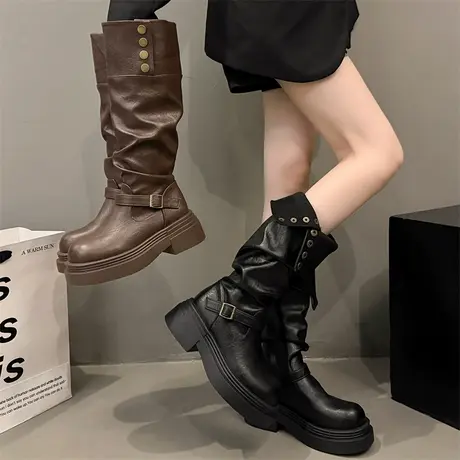 英伦风长筒靴女2025年新款秋季厚底增高显瘦骑士靴小个子百搭靴子商品大图