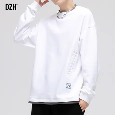 男士白色假两件打底卫衣男春秋潮牌男装2023新款内搭t恤宽松上衣商品大图