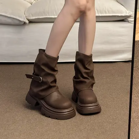 美拉德短筒马丁靴女2025秋冬季新款棕色英伦风复古圆头厚底裤管靴商品大图