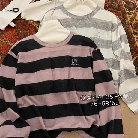 欧洲站2025早秋新款韩版圆领长袖拼色条纹休闲羊毛针织衫上衣女图片