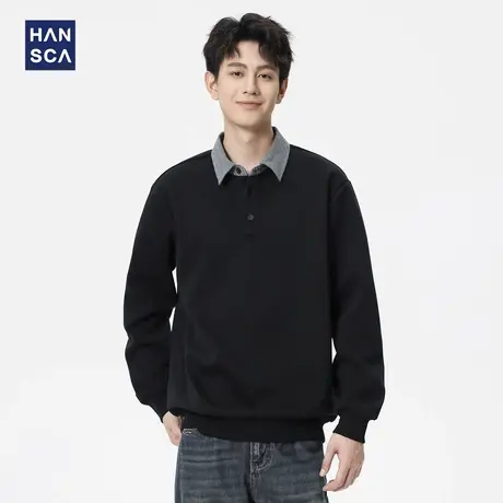 hansca黑色假两件条纹衬衣领卫衣男2025秋季300g重磅宽松套头上衣商品大图