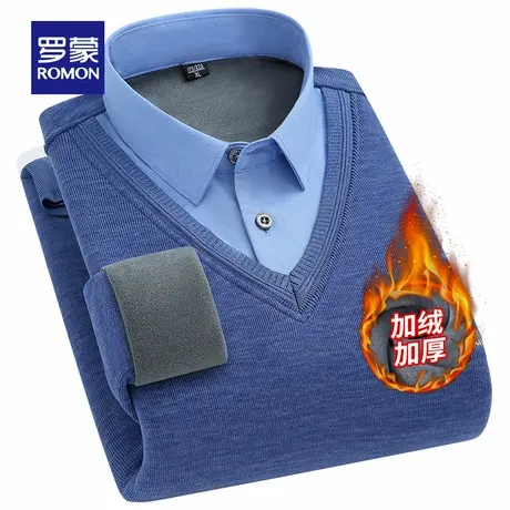 罗蒙男士商务休闲针织衫2025冬季假两件衬衫领加绒保暖打底毛线衣商品大图
