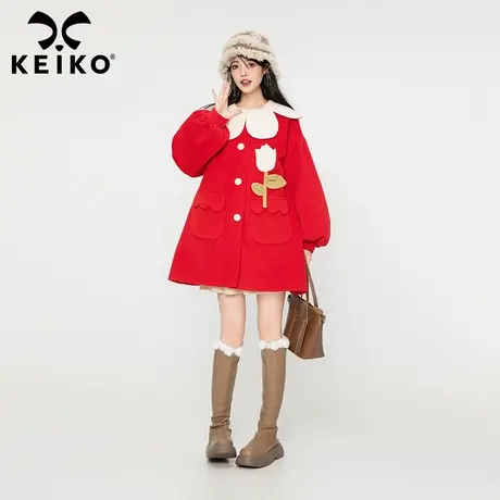 KEIKO 设计感花形领毛呢外套女春季新款手工扎花显瘦红色呢子外套商品大图
