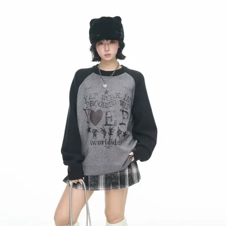 美式潮牌创意印花撞色圆领针织毛衣女秋冬新款宽松慵懒风情侣上衣商品大图