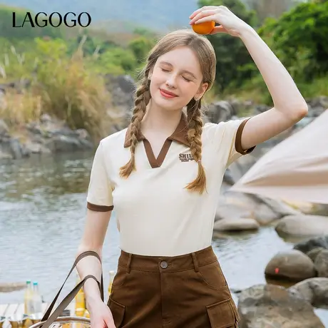 LAGOGO撞色短款小个子polo领T恤衫女拉谷谷夏季新款美式复古短袖商品大图