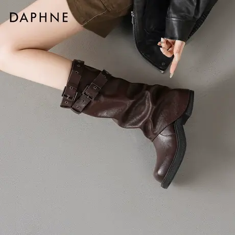 达芙妮靴子中筒靴女2025秋冬新款棕色加绒美拉德裤管靴堆堆靴复古图片