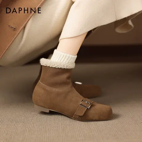 达芙妮加绒雪地靴女款2025新款冬季保暖棉鞋平底马丁靴棕色短靴子商品大图