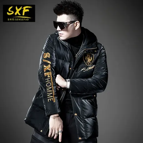 SXF圣希梵羽绒服中长款 2022潮牌烫钻保暖大衣冬季外套连帽防寒服商品大图